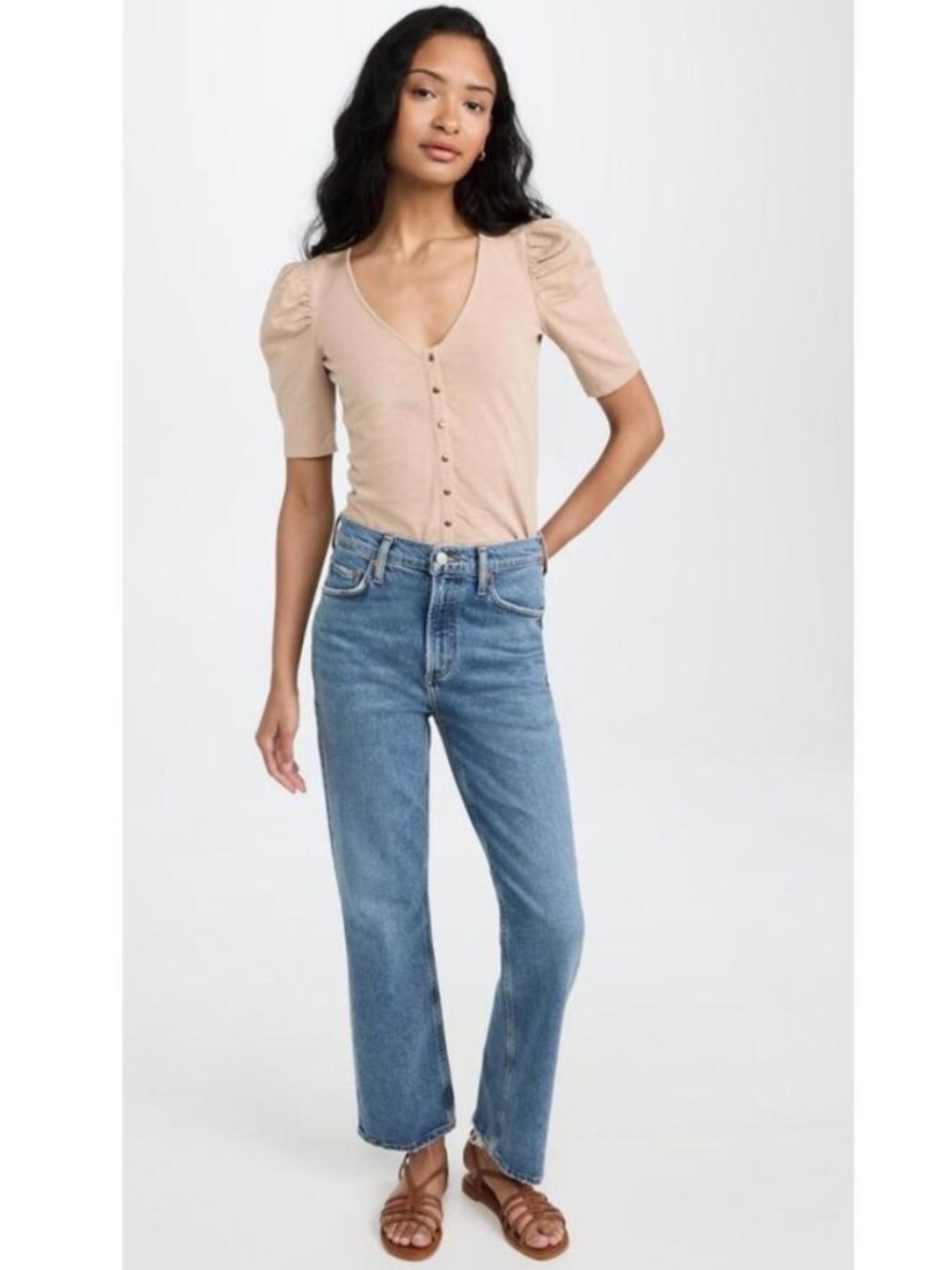 Nation LTD Toasted Marshmallow Peyton Femme Puff Sleeve Snap Placket Blouse